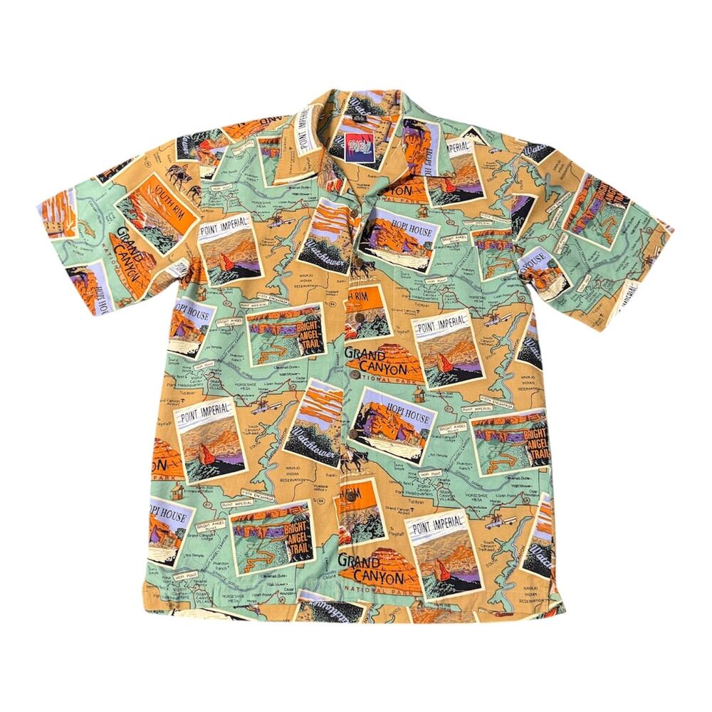 Dem Crazy Vintage Grand Canyon Map Postcard Short Sleeve Button Up